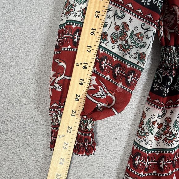 H&M Conscious Womens Maxi Dress 8 Chiffon Red Floral Sheer Smocked Boho Key Hole - Picture 7 of 16